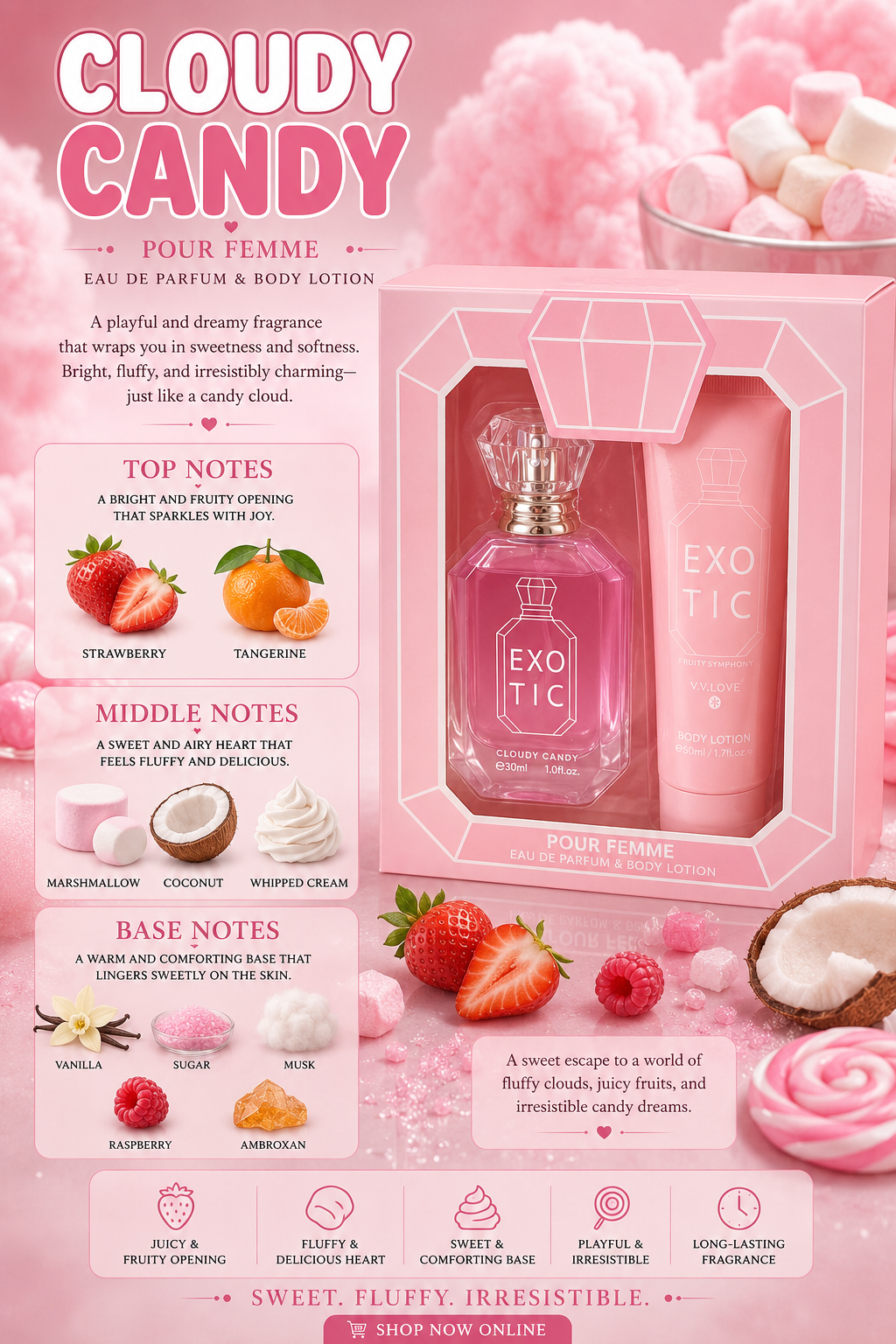 Exotic Cloudy Candy - V.V. Love - 30ml parfume and 50ml hand lotion.
